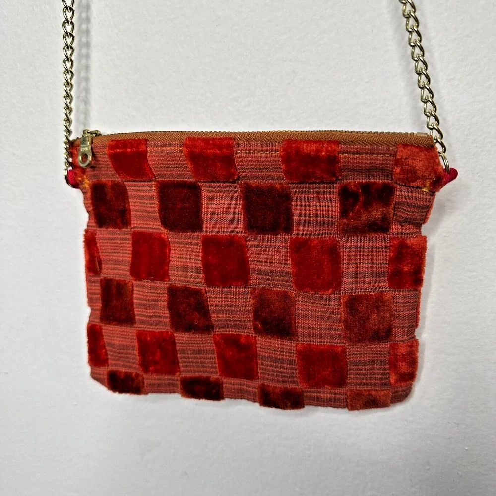 Rust Orange Velvet Checked Gold Chain Strap Zipper Top Slim Mini Purse